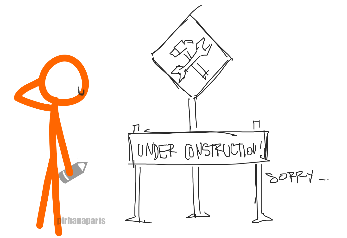 the second coming, an orange stickfigure with a hollow head, holding a pencil next to a drawn under construction sign